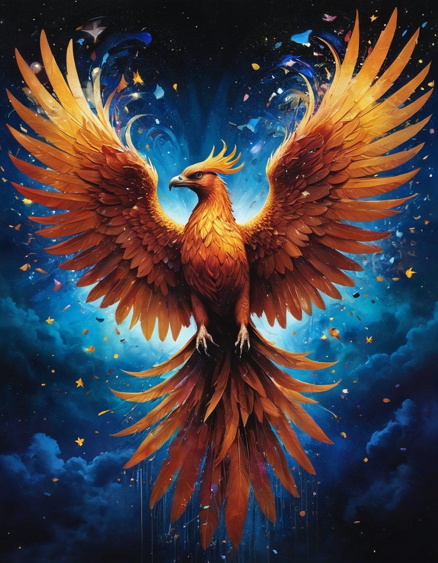 A cinematic collage illustrating transformation, featuring a broken heart morphing into a soaring phoenix amidst a backdrop of iconic emotional film scenes. Include teardrops turning into stars, representing hope and resilience. Use rich colors to convey deep emotions and a soft focus to create a dreamlike quality. cinematic art, vibrant colors, blending transitions.