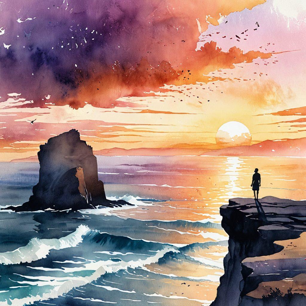 A serene landscape with a solitary figure standing at the edge of a cliff, overlooking a vast ocean under a dramatic sunset. The figure's silhouette conveys deep emotion, while scattered pages of a book flutter in the wind, symbolizing narratives of grief. Soft, pastel colors blend with warm golden hues, creating a poignant atmosphere that embodies heartbreak and hope. watercolors, ethereal, dream-like.